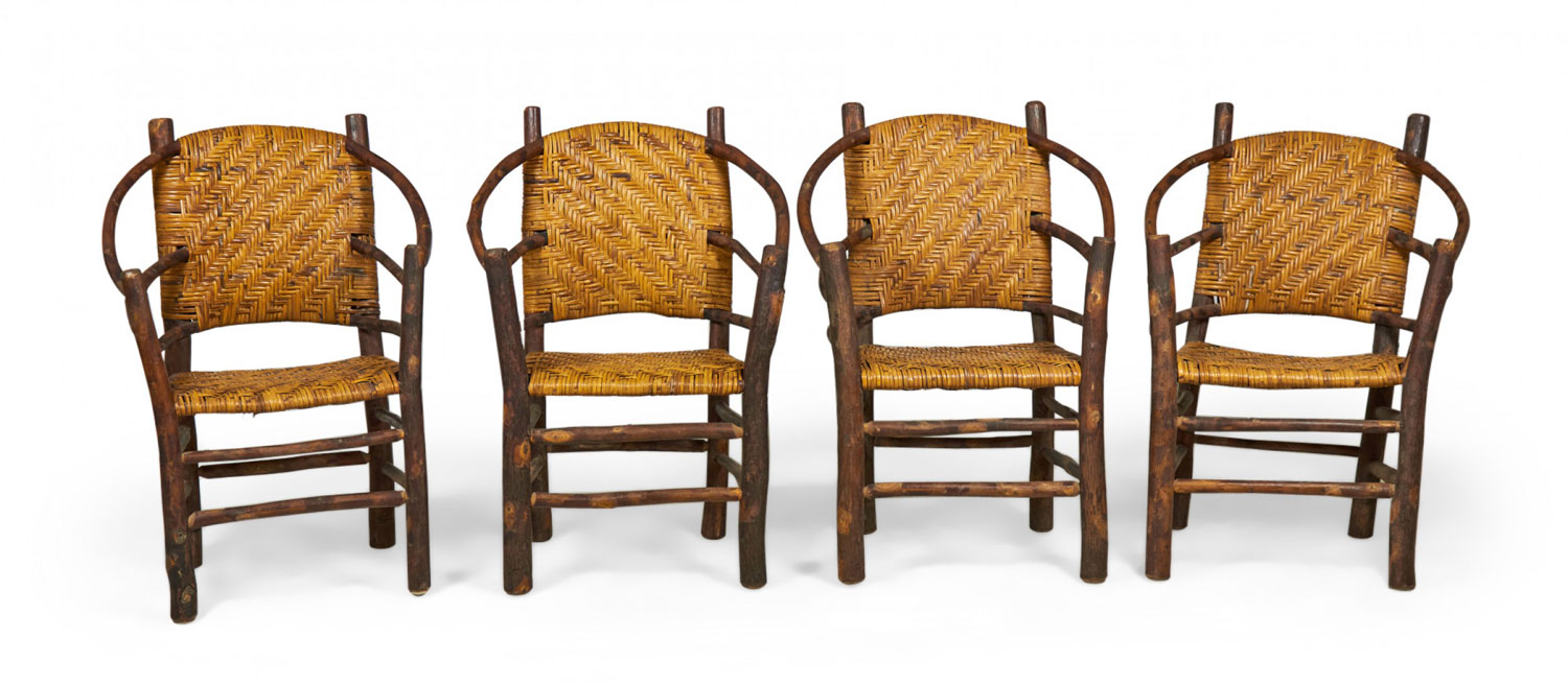 Set of 4 american rustic old hickory round back wicker chairs